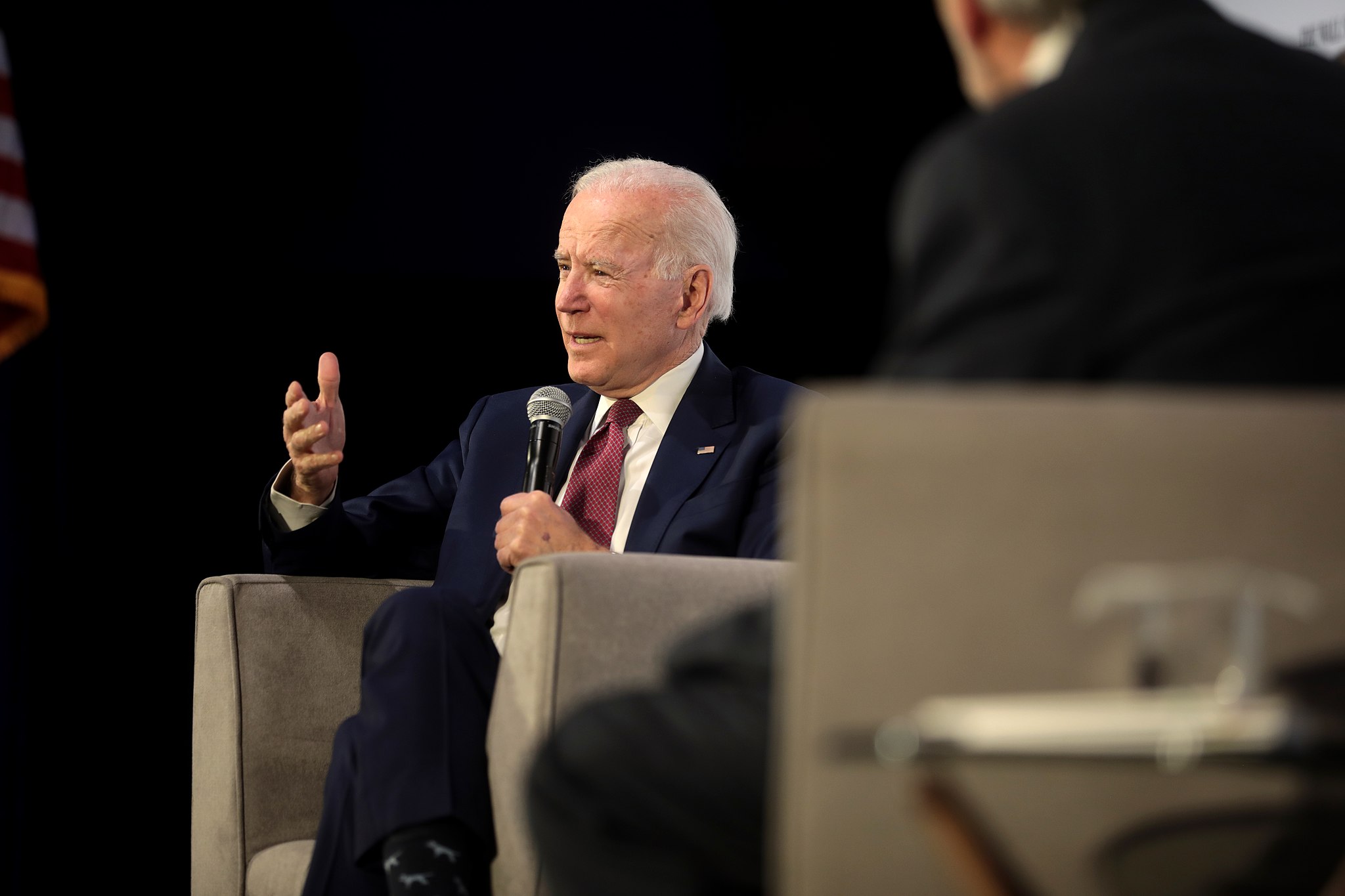 Joe Biden speaks with attendees at the Moving America Forward Forum hosted by United for Infrastructure at the Student Union at the University of Nevada, Las Vegas, in February 2020 